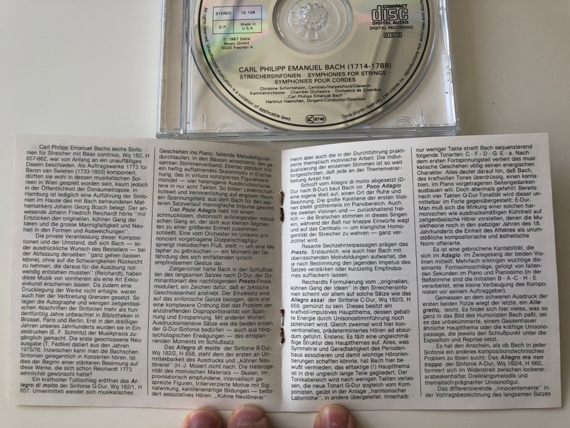 Sechs Sinfonien Für Streicher - Six Symphonies For Strings, WQ 182 , Hamburg 1773 / G-Dur In G Major H657, B-Dur In B Flat Major H658, C-Dur In C Major H659, A-Dur In A Major H660, H-Moll In B Minor H661 / Capriccio Audio CD 1987 Stereo / 10 106