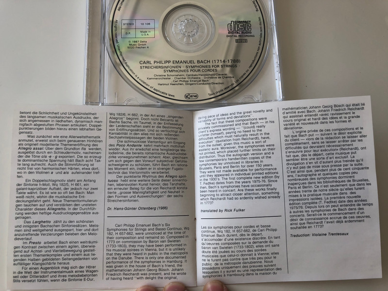 Sechs Sinfonien Für Streicher - Six Symphonies For Strings, WQ 182 , Hamburg 1773 / G-Dur In G Major H657, B-Dur In B Flat Major H658, C-Dur In C Major H659, A-Dur In A Major H660, H-Moll In B Minor H661 / Capriccio Audio CD 1987 Stereo / 10 106
