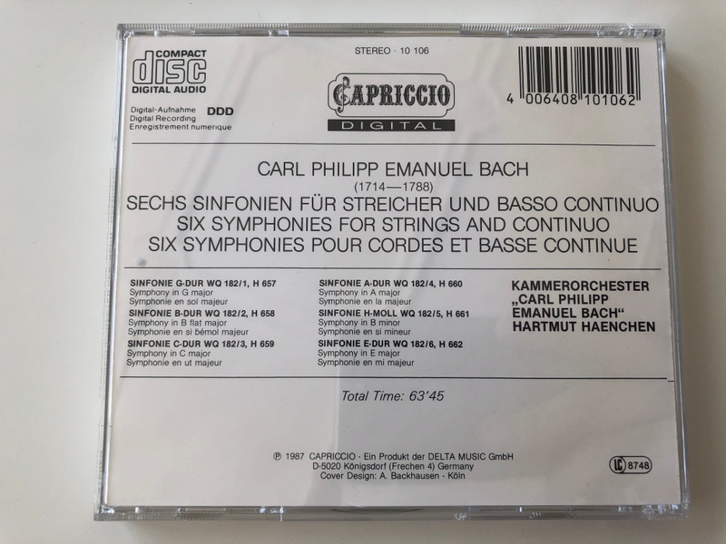 Sechs Sinfonien Für Streicher - Six Symphonies For Strings, WQ 182 , Hamburg 1773 / G-Dur In G Major H657, B-Dur In B Flat Major H658, C-Dur In C Major H659, A-Dur In A Major H660, H-Moll In B Minor H661 / Capriccio Audio CD 1987 Stereo / 10 106