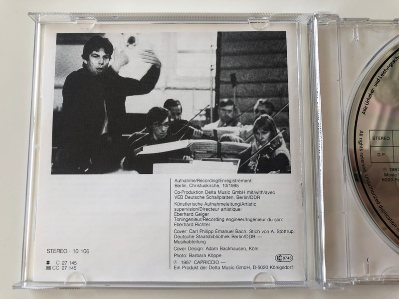 Sechs Sinfonien Für Streicher - Six Symphonies For Strings, WQ 182 , Hamburg 1773 / G-Dur In G Major H657, B-Dur In B Flat Major H658, C-Dur In C Major H659, A-Dur In A Major H660, H-Moll In B Minor H661 / Capriccio Audio CD 1987 Stereo / 10 106