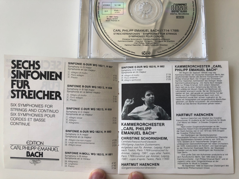 Sechs Sinfonien Für Streicher - Six Symphonies For Strings, WQ 182 , Hamburg 1773 / G-Dur In G Major H657, B-Dur In B Flat Major H658, C-Dur In C Major H659, A-Dur In A Major H660, H-Moll In B Minor H661 / Capriccio Audio CD 1987 Stereo / 10 106