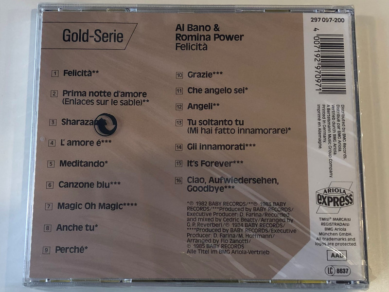Felicità - Al Bano & Romina Power ‎/ Conzone blu, Magic Oh Magic, Che Angelo Sei, Tu Soltanto Tu, u.v.a. / Gold-Serie / Ariola Express ‎Audio CD / 297 097-200