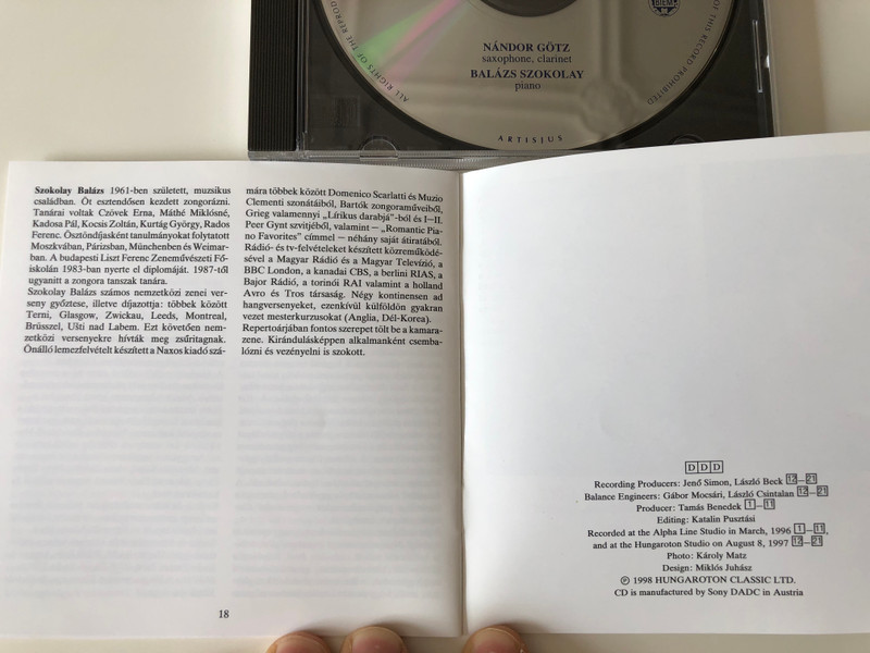 Satie-Xophone - Debussy, Ravel, Satie / Nándor Götz - saxophone,clarinet / Balázs Szokolay ‎– piano / Hungaroton Classic ‎Audio CD 1998 Stereo / HCD 31763