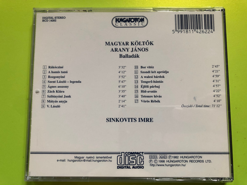 Arany Janos - Balladak / Agnes asszony, Matyas anyja, Szondi ket aprodja, A walesi bardok, Tengeri-hantas, Hid-avatas, Tetemre hivas / Sinkovits Imre / Hungaroton Classic Audio CD 1998 Stereo / HCD 14262 (5991811426224)
