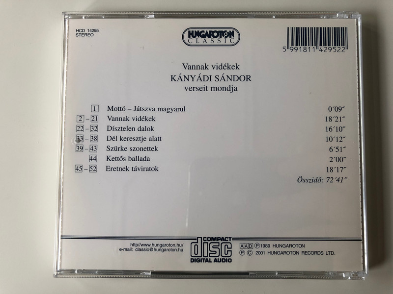 Kányádi Sándor – Verseit Mondja / Vannak videkek / Hungaroton Classic ‎Audio CD 2001 Stereo / HCD 14295