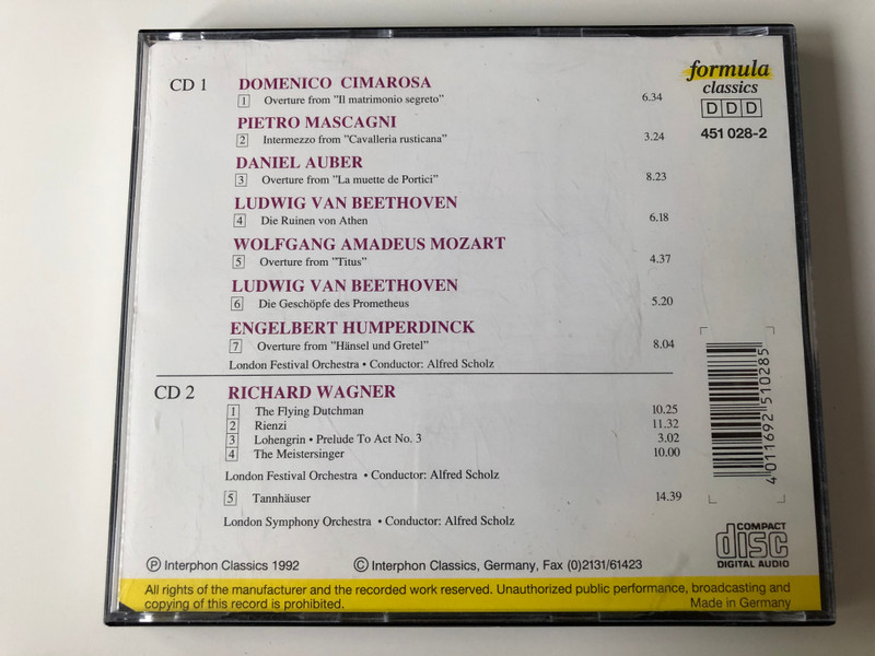Beethoven, Mozart, Humperdinck, Wagner - Overtures / London Festival Orchestra, Alfred Scholz / Formula Classics 2x Audio CD 1992 / 451 028-2