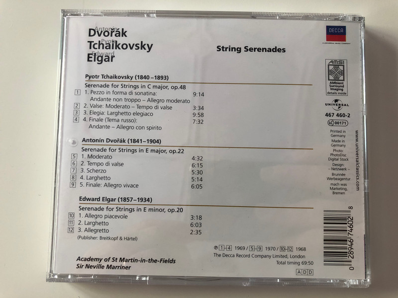 Antonin Dvorak, Pyotr Tchaikovsky, Edward Elgar - String Serenades / Academy of St Martin-in-the-Fields, Sir Neville Marriner / DECCA Audio CD / 467 460-2