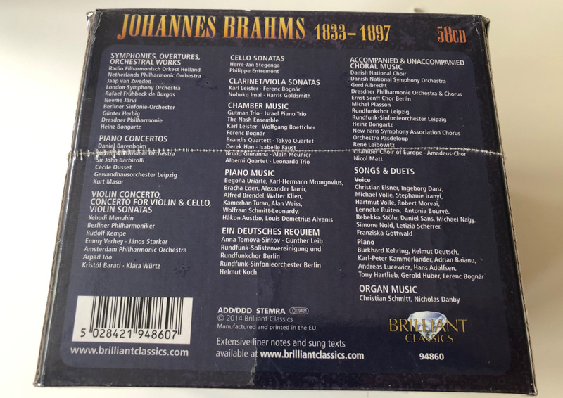 Brahms Complete Edition / Complete Works On CD Features award-winning recordings and acclaimed performers/ensembles, including Jaap van Zweden, Yehudi Menuhin, Daniel Barenboim... / Brilliant Classics Box Set 58x Audio CD 2014 / 94860