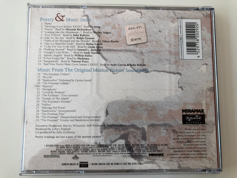 Music From The Miramax Motion Picture Soundtrack / The Postman (Il Postino) / Music Composed, Orchestrated and Conducted by Luis Bacalov ‎/ CD also includes Pablo Neruda poems / Edel ‎Audio CD 1995 / 0120292HWR