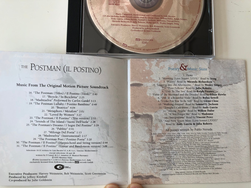 Music From The Miramax Motion Picture Soundtrack / The Postman (Il Postino) / Music Composed, Orchestrated and Conducted by Luis Bacalov ‎/ CD also includes Pablo Neruda poems / Edel ‎Audio CD 1995 / 0120292HWR