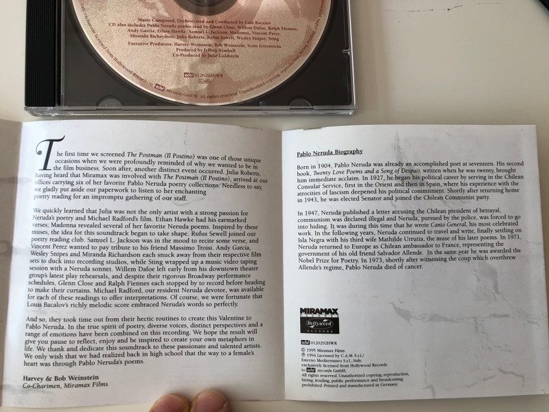 Music From The Miramax Motion Picture Soundtrack / The Postman (Il Postino) / Music Composed, Orchestrated and Conducted by Luis Bacalov ‎/ CD also includes Pablo Neruda poems / Edel ‎Audio CD 1995 / 0120292HWR