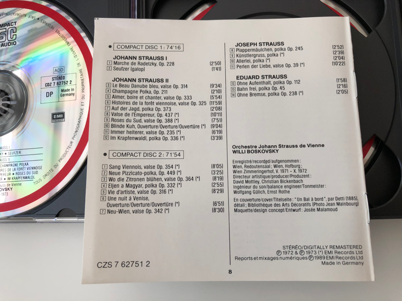 Les Strauss À Vienne / Le Beau Danube Bleu, Aimer, Boire Et Chanter, Marche De Radetsky, Sang Viennois, Histories De La Fôret Viennoise... / Wiener Johann Strauss Orchestra, Boskovsky / EMI Classics ‎2x Audio CD 1989 Stereo / CZS 7 62751 2