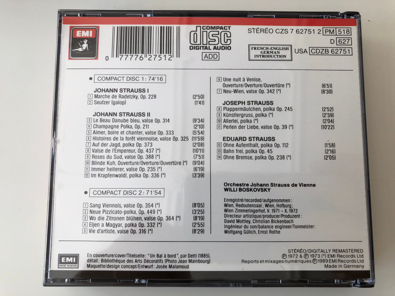 Les Strauss À Vienne / Le Beau Danube Bleu, Aimer, Boire Et Chanter, Marche De Radetsky, Sang Viennois, Histories De La Fôret Viennoise... / Wiener Johann Strauss Orchestra, Boskovsky / EMI Classics ‎2x Audio CD 1989 Stereo / CZS 7 62751 2