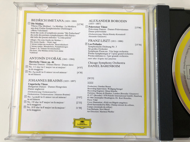 Die Moldau / Slawische Tanze, Ungarische Tanze, Polowetzer Tanze / Les Preludes / Chicago Symphony Orchestra, Daniel Barenboim ‎/ Deutsche Grammophon Audio CD Stereo / 415 851-2