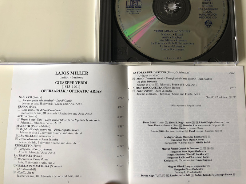 Lajos Miller Baritone - Verdi / Ernani, Nabucco, Attila, Macbeth, Luisa Miller, Rigoletto, La Traviata, Un Ballo In Maschera, La Forza Del Destino, Simon Boccanegra / Hungaroton ‎Classic Audio CD 2000 Stereo / HCD 31934
