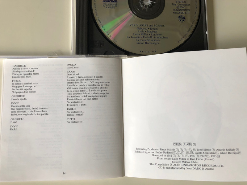Lajos Miller Baritone - Verdi / Ernani, Nabucco, Attila, Macbeth, Luisa Miller, Rigoletto, La Traviata, Un Ballo In Maschera, La Forza Del Destino, Simon Boccanegra / Hungaroton ‎Classic Audio CD 2000 Stereo / HCD 31934
