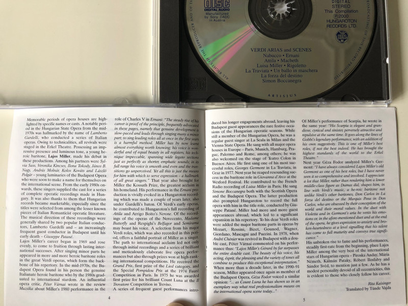 Lajos Miller Baritone - Verdi / Ernani, Nabucco, Attila, Macbeth, Luisa Miller, Rigoletto, La Traviata, Un Ballo In Maschera, La Forza Del Destino, Simon Boccanegra / Hungaroton ‎Classic Audio CD 2000 Stereo / HCD 31934