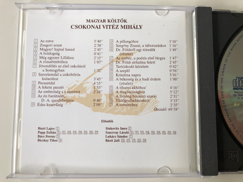 Csokonai Vitez Mihaly / Meg egyszer Lillahoz, A boldogság, Tartózkodó kérelem, A tihanyi ekhóhoz, Tüdőgyulladásomról, A reményhez / Bacs Ferenc, Basti Lajos, Basti Juli, .... / Hungaroton Classic Audio CD 2000 Stereo / HCD 14283