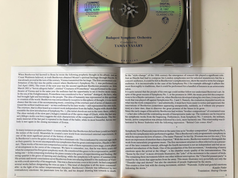 Beethoven - Symphony No. 6 ''Pastorale'', Prometheus-Overture / Budapest Symphony Orchestra, Conducted by Tamas Vasary / Live Recording / Hungaroton Classic Audio CD 1997 Stereo / HCD 31720