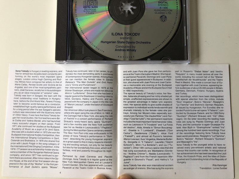 Ilona Tokody, soprano - Verdi (Aida, Don Carlo, La Forza Del Destino, Un Ballo In Maschera), Donizetti (Anna Bolena), Puccini (La Boheme, Tosca, Suor Angelica, Madama Butterfly, Gianni Schicchi, La Rondine, Turandot / Hungaroton Classic Audio CD 1996 Stereo / HCD 12478
