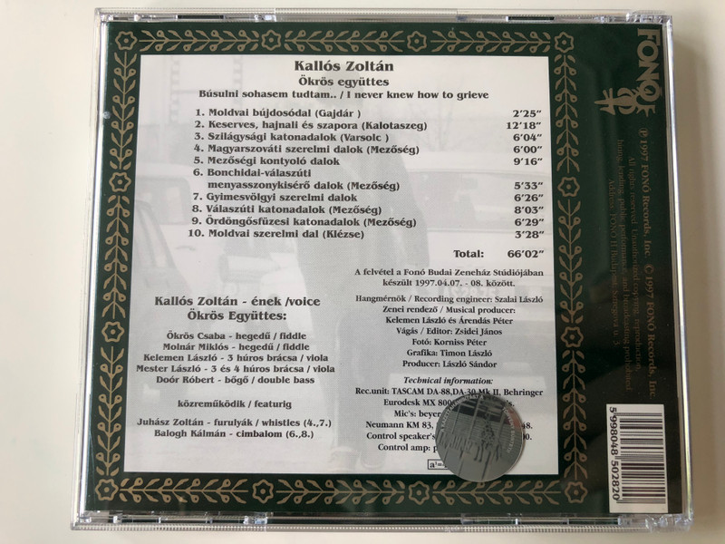 Búsulni Sohasem Tudtam... / Erdelyi magyar nepzene - Hungarian Folk Music From Transylvania / Kallós Zoltán És Az Ökrös Együttes ‎/ Fonó Records ‎Audio CD 1997 / FA-028-2