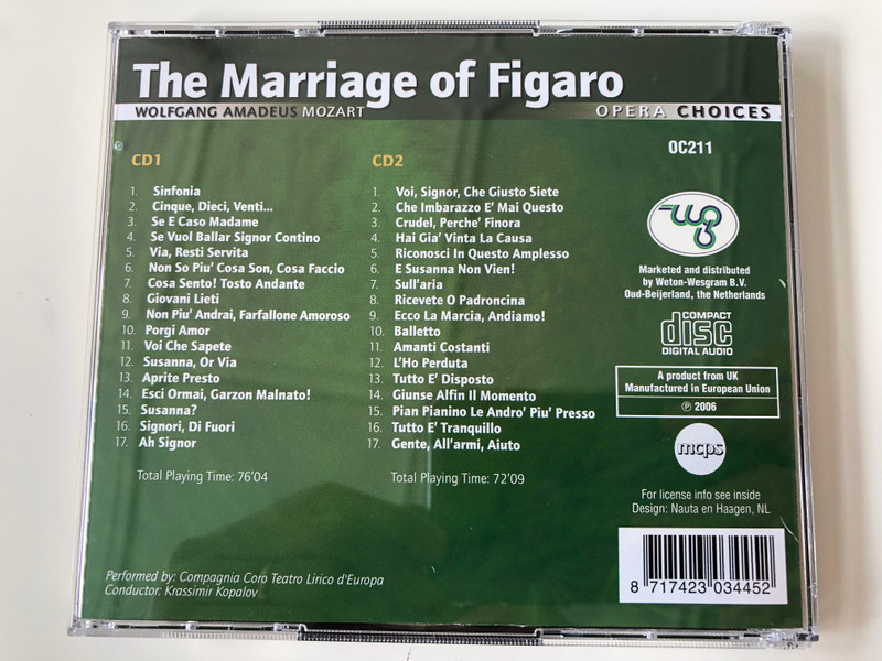 The Marriage of Figaro - Wolfgang Amadeus Mozart - Opera Choices / Compagnia Coro Teatro Lirico d'Europa, Conductor: Krassimir Kopalov / 2x Audio CD 2006 / OC211