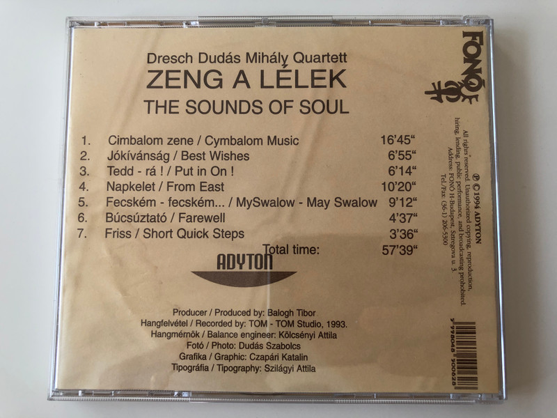 Dresch Dudás Mihály Quartet ‎– Zeng A Lélek / Adyton ‎Audio CD 1994 / 006