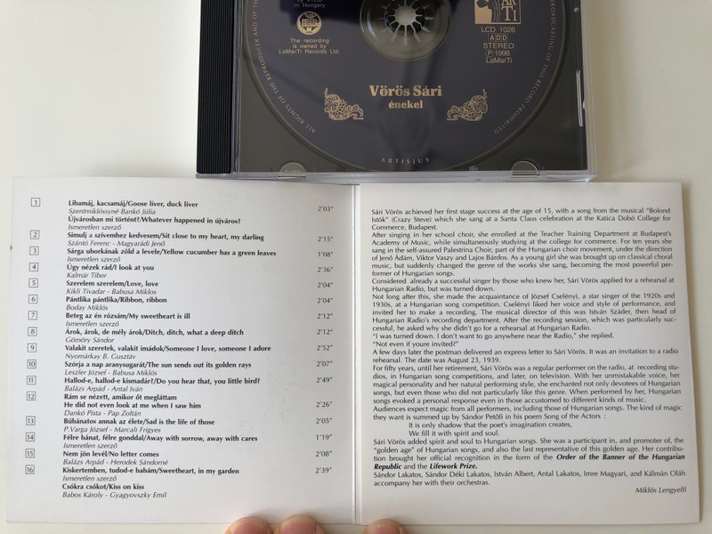 Libamáj, Kacsamáj (Hungarian Songs) - Vörös Sári, enekel / Nem Jön Levél, Szerelem Szerelem, Árok, Árok, De Mély Árok, Félre Bánad, Félre Gonddal, Úgy Még Sose Volt, Darumadár Útnak Indul,... / Lamarti Audio CD 1998 Stereo / LCD 1026