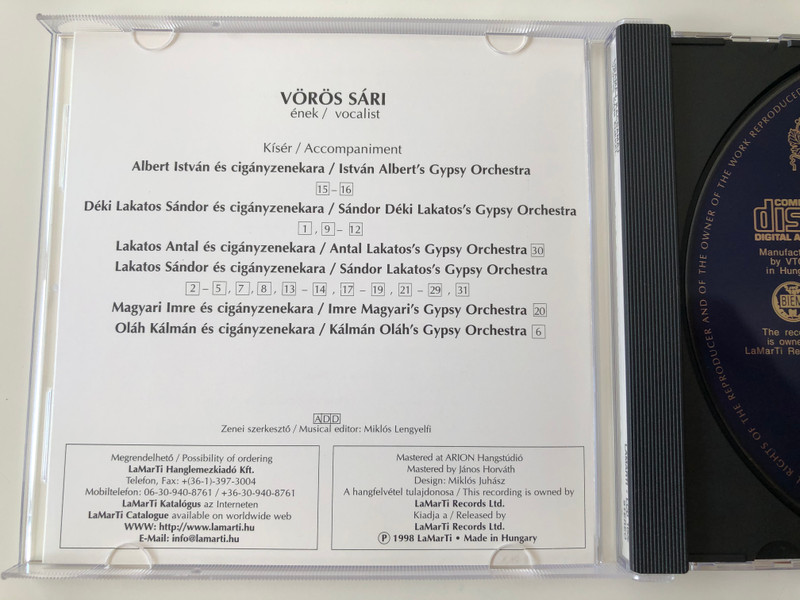 Libamáj, Kacsamáj (Hungarian Songs) - Vörös Sári, enekel / Nem Jön Levél, Szerelem Szerelem, Árok, Árok, De Mély Árok, Félre Bánad, Félre Gonddal, Úgy Még Sose Volt, Darumadár Útnak Indul,... / Lamarti Audio CD 1998 Stereo / LCD 1026