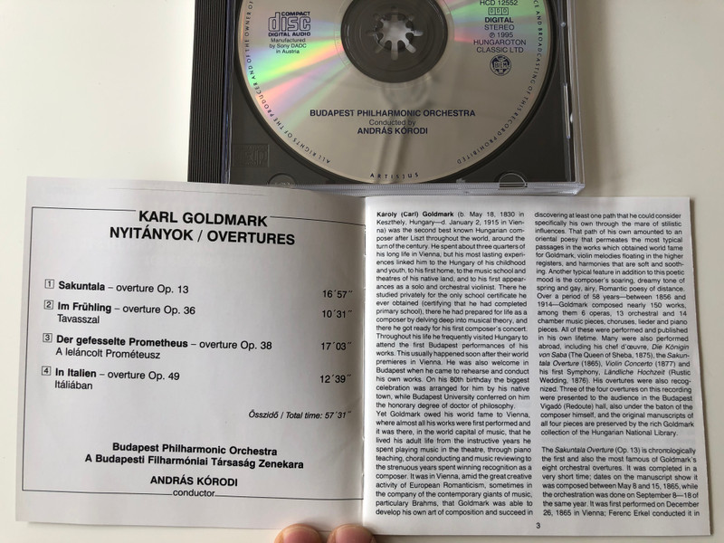 Karl Goldmark - Overtures: Sakuntala, Im Frühling, Prometheus, In Italien / Budapest Philharmonic Orchestra, András Kórodi / Hungaroton ‎Classic Audio CD 1995 Stereo / HCD 12552