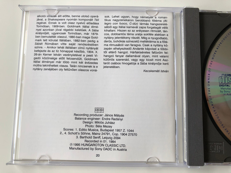 Karl Goldmark - Overtures: Sakuntala, Im Frühling, Prometheus, In Italien / Budapest Philharmonic Orchestra, András Kórodi / Hungaroton ‎Classic Audio CD 1995 Stereo / HCD 12552