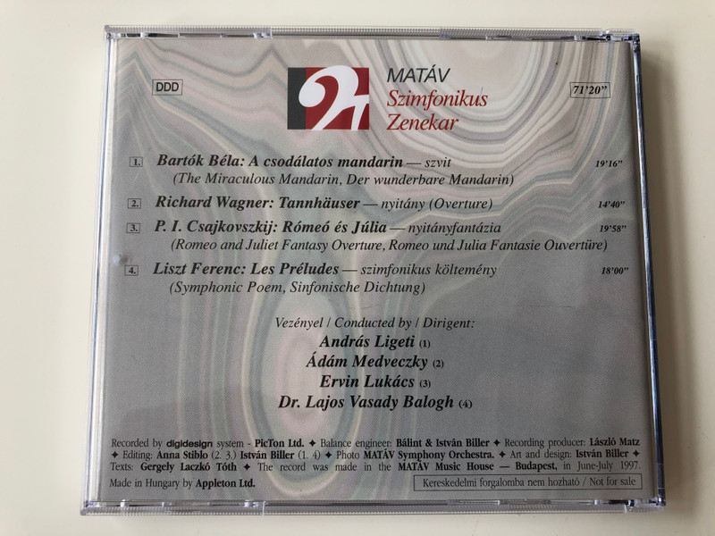 MATÁV Szimfónikus Zenekar / Bartok, Wagner, Csajkovszkij, Liszt / 1907 - 1997 / MATAV Music House Audio CD 1997 Stereo / MHSO 02