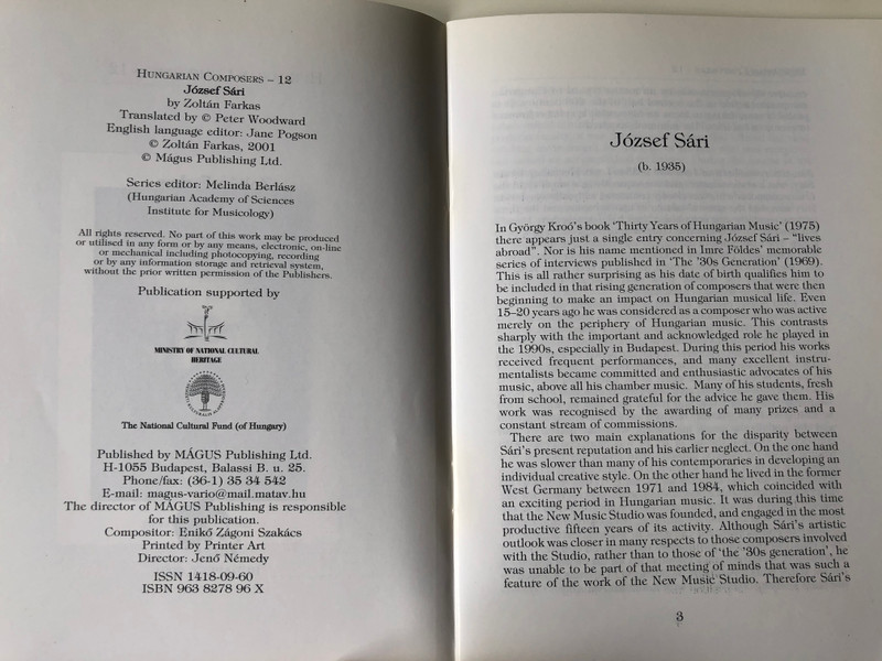 József Sári (1935) Hungarian Composers 12. by Zoltán Farkas / Magus Publishing (9789638278968)