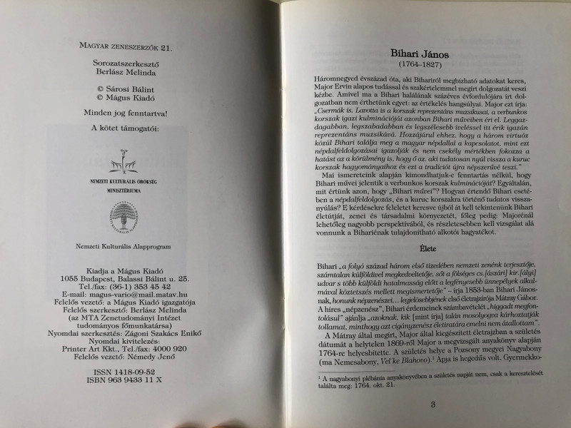 Bihari János (1764-1827) Magyar zeneszerzők 21. by Sárosi Bálint / Mágus Kiadó (9789639433113)