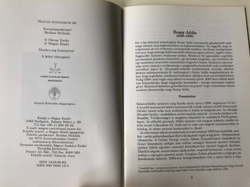 Bozay Attila (1939-1999) Magyar Zeneszerzők 23. by Olsvay Endre / Mágus Kiadó (9789639433137)