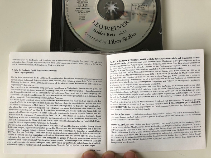 Leo Weiner - Playing at Soldiers-symphonic picture, Concertino for piano and orchestra, Suite on Hungarian Folk Dances for orchestra / Bartok Conservatory Symphony Orchestra Budapest / Soloist: Balazs Reti, Conducted by: Tibor Szabo / Audio CD