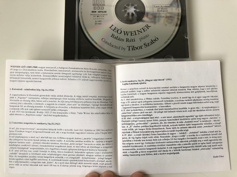 Leo Weiner - Playing at Soldiers-symphonic picture, Concertino for piano and orchestra, Suite on Hungarian Folk Dances for orchestra / Bartok Conservatory Symphony Orchestra Budapest / Soloist: Balazs Reti, Conducted by: Tibor Szabo / Audio CD