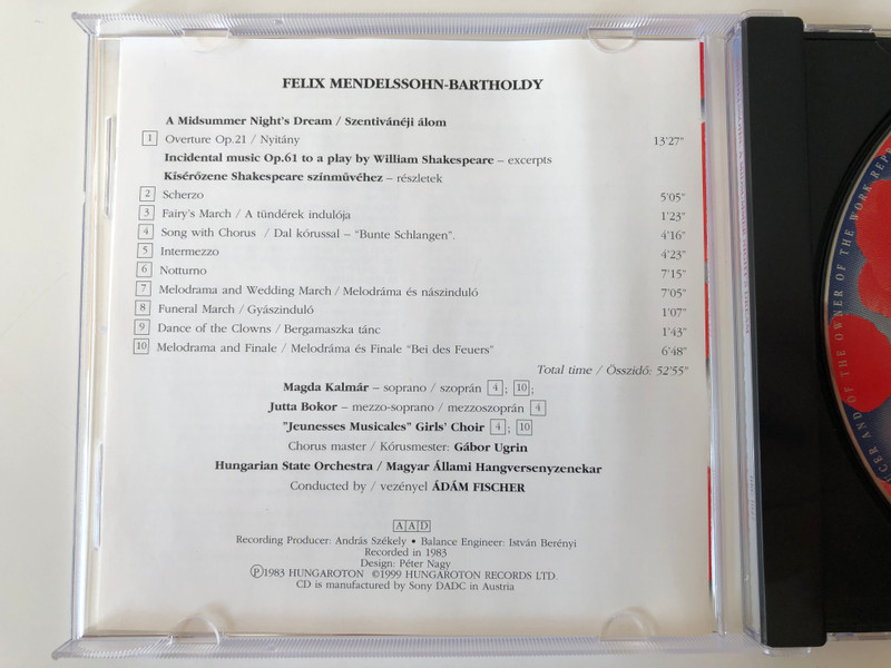 Mendelssohn ‎– A Midsummer Night's Dream (Excerpts) / Hungarian State Orchestra, Adam Fischer / Hungaroton Classic ‎Audio CD 1999 Stereo / HRC 1027