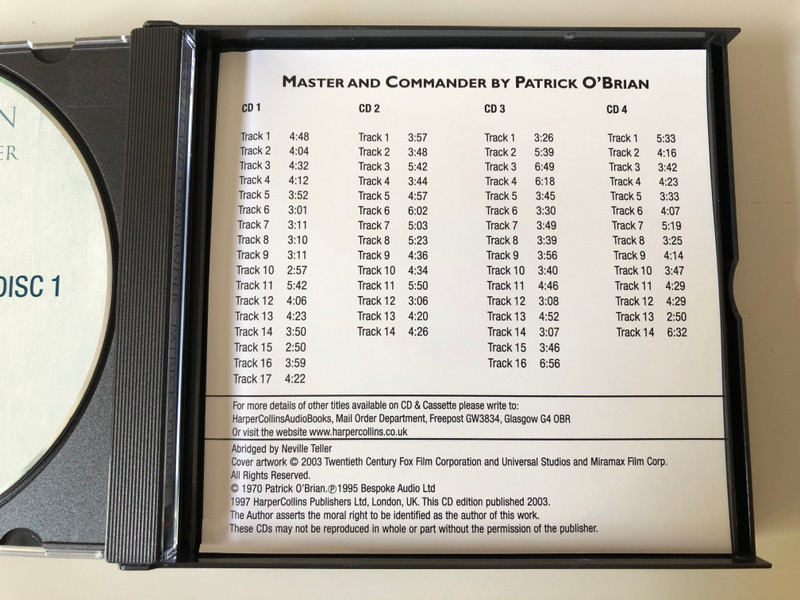 Master and Commander / Patrick O'Brian - Now A Major Motion Picture / Read by Robert Hardy / HarperCollinsAudioBooks / Harper Collins 4x Audio CD 1995 / HCCD 979