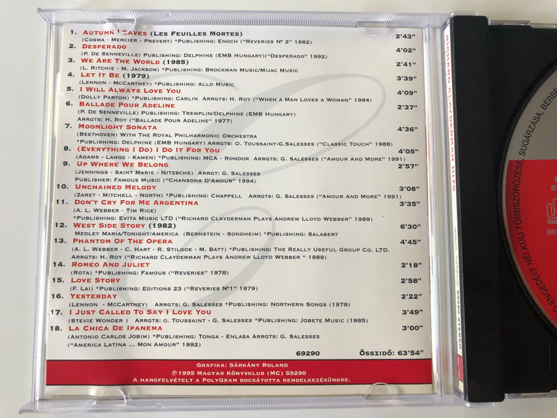 Richard Clayderman - Hits / Exkluziv Valogatas Clayderman Legnepszerubb Felveteleibol / Magyar Zeneklub Audio CD 1995 Stereo / 69290