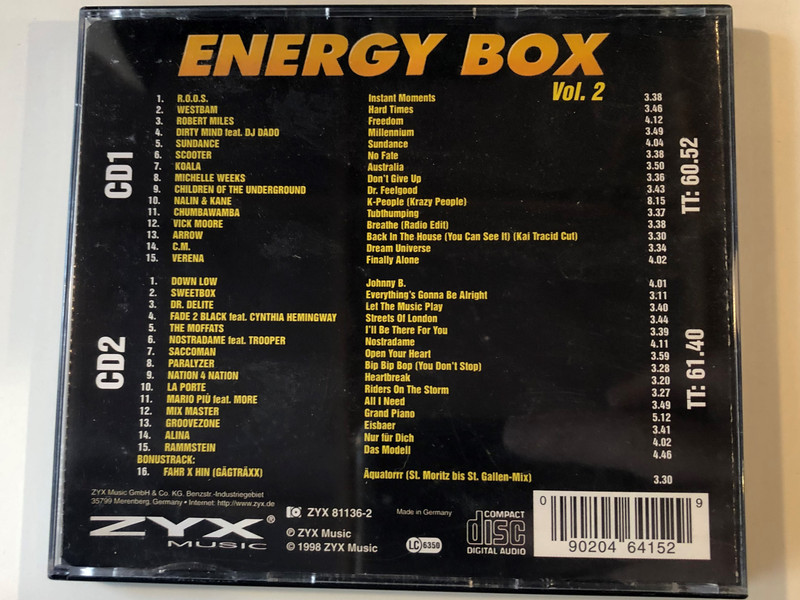Energy Box Vol. 2 / Nalin & Kane, R.O.O.S., Down Low, Dirty Mind Feat. DJ Dado, Scooter, and more / ZYX Music ‎2x Audio CD 1998 / ZYX 81136-2