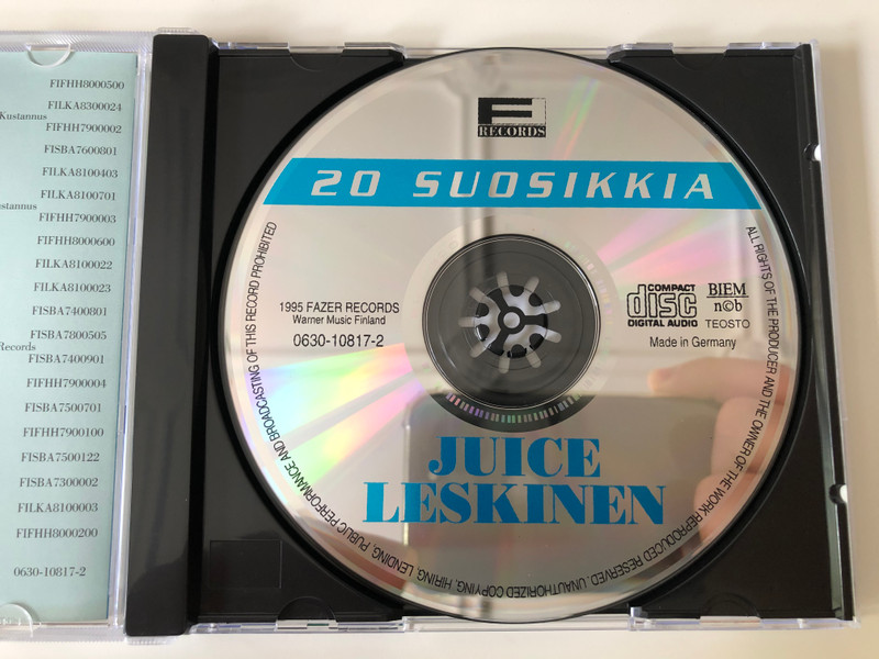 20 Suosikkia / Juice Leskinen ‎– Ei Elämästä Selviä Hengissä / Fazer Records ‎Audio CD 1995 / 0630-10817-2