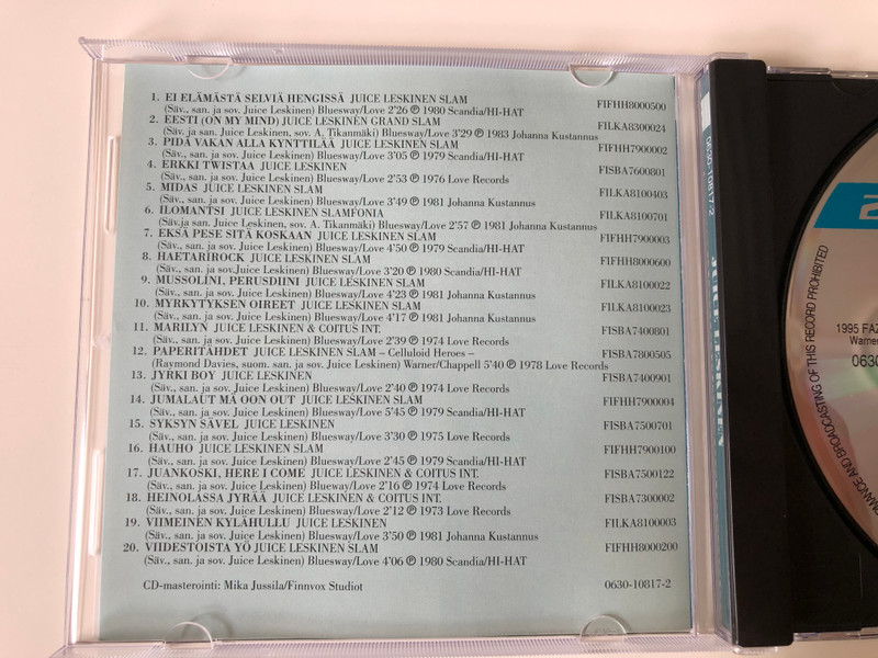 20 Suosikkia / Juice Leskinen ‎– Ei Elämästä Selviä Hengissä / Fazer Records ‎Audio CD 1995 / 0630-10817-2