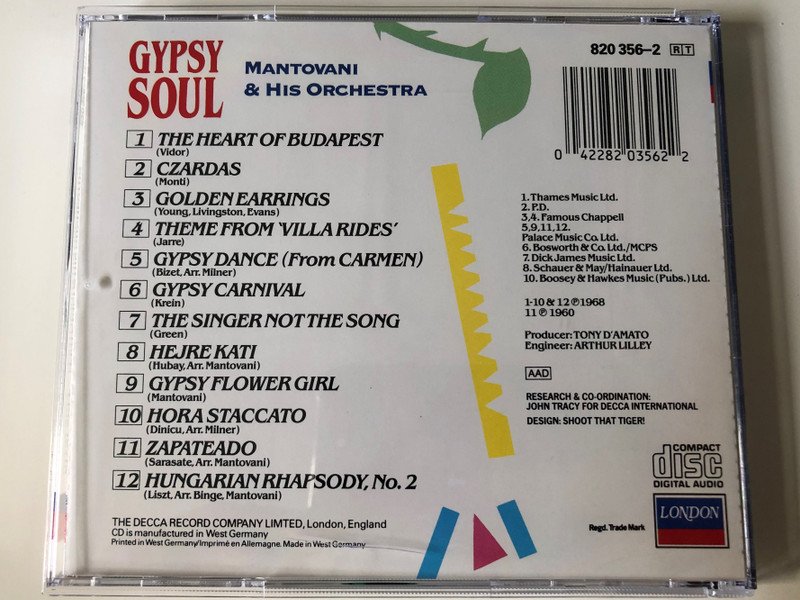 Mantovani And His Orchestra ‎– Gypsy Soul / Golden Earrings, Gypsy Carnival, Czardas, Carmen: Gypsy Dance, Zapateado and others / London Records ‎Audio CD Stereo / 820 356-2