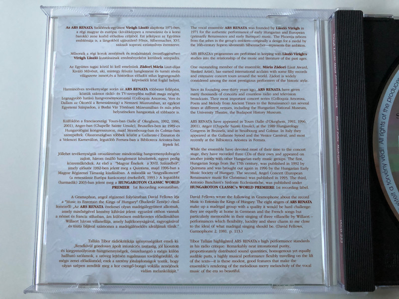 Virágh László: Áldott Júlia, Madrigálok Balassi Bálint verseire / Ars Renata - Viragh Laszlo, Musica Profana, Szabo Istvan lant / do-la Audio CD 2005 Stereo / DLCD 253