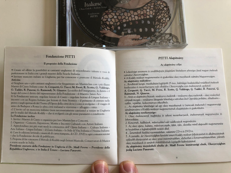 Edition Fondazione-PITTI-Alapitvany / Katalin Pitti - voce, Janos Acs - piano / Canzoni Italiane - Olazs Dalok - Italian Songs / Live Concert / Tibor Bitskey - Voce Recitante - Vers - Poem / Zenekademia - Budapest / Edition Pitti Audio CD 2002 / 20PA02