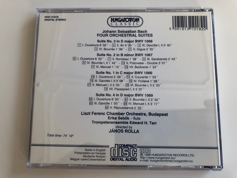 J. S. Bach – Four Orchestral Suites, BWV 1066-69 / Liszt Ferenc Chamber Orchestra, Budapest, Janos Rolla / Hungaroton ‎Classic Audio CD 1994 Stereo / HCD 31018