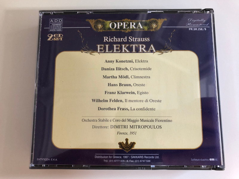 Richard Strauss ‎– Elektra / A. Konetzni, M. Modl, D. Ilitsch, H. Braun, F. Klarwein, W. Felden, D. Frass / Orchestra Stabile e Coro del Maggio Musicale Fiorentino, Dimitri Mitropoulos / Opera 2x Audio CD 1997 / CDTA.007