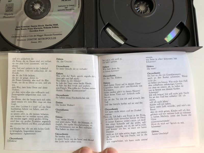 Richard Strauss ‎– Elektra / A. Konetzni, M. Modl, D. Ilitsch, H. Braun, F. Klarwein, W. Felden, D. Frass / Orchestra Stabile e Coro del Maggio Musicale Fiorentino, Dimitri Mitropoulos / Opera 2x Audio CD 1997 / CDTA.007