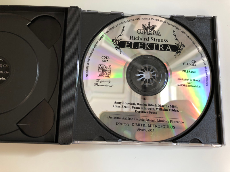Richard Strauss ‎– Elektra / A. Konetzni, M. Modl, D. Ilitsch, H. Braun, F. Klarwein, W. Felden, D. Frass / Orchestra Stabile e Coro del Maggio Musicale Fiorentino, Dimitri Mitropoulos / Opera 2x Audio CD 1997 / CDTA.007